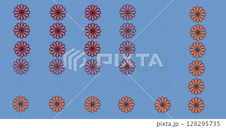 Image of rows of red and orange flowers moving over blue background 128295735