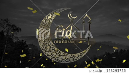Image of eid mubarak text with crescent moon and mosque with confetti background 128295736