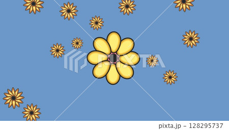 Image of multiple yellow flowers moving over blue background Image of multiple yellow flowers moving over blue background 128295737