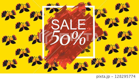Image of sale 50 percent off text over banner and flowers in background 128295774