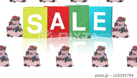 Sale text on colorful shopping bags against multiple cake icons on white background 128295784