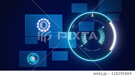 Image of scope scanning and data processing over screens on blue background 128295804