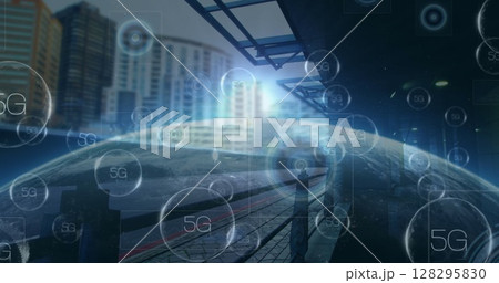 Image of 5g text on scopes and data processing over cityscape 128295830