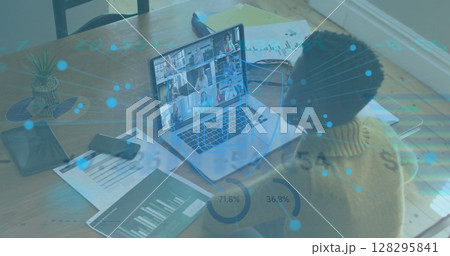 Image of online security padlock and digital icons over woman on laptop image call Image of online security padlock and digital icons over woman on laptop image call 128295841
