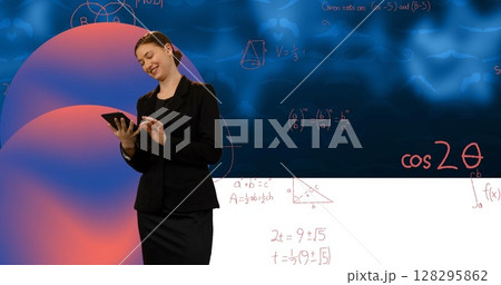 Image of data processing and mathematical equations over woman using tablet 128295862