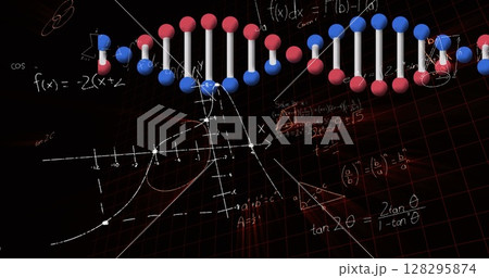 Image of dna strand spinning data processing and mathematical equations Image of dna strand spinning data processing and mathematical equations 128295874