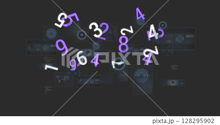 Image of numbers changing and data processing over screens on grey background 128295902