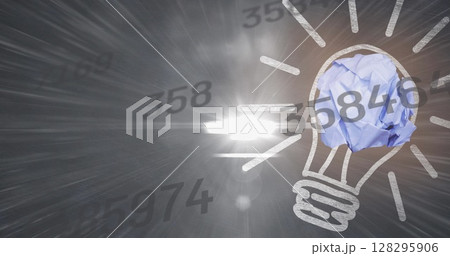Digital image of multiple changing numbers and light bulb against spot of light 128295906