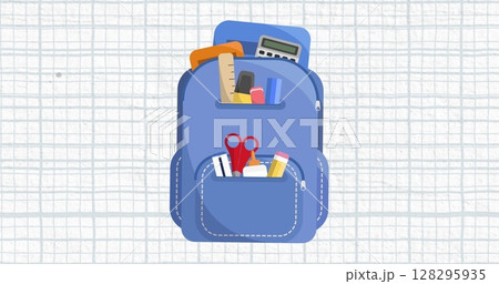 Digital image of blue school bag icon moving against squared lined paper in background Digital image of blue school bag icon moving against squared lined paper in background 128295935