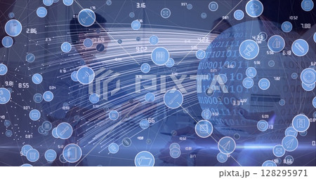 Network of digital icons over binary coding on globe against businesspeople discussing at office 128295971