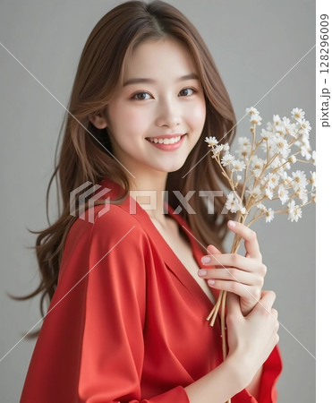 花を持つ若い女性 128296009