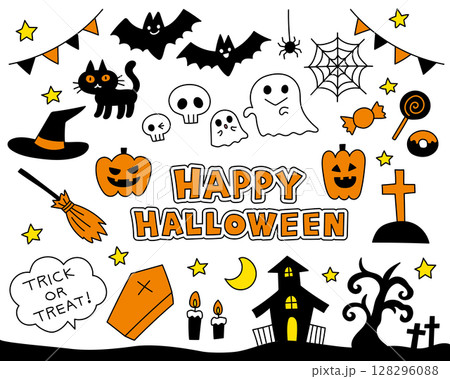 ハロウィンモチーフがたくさん入ったポップで可愛いイラスト ベクター ハロウィンモチーフがたくさん入ったポップで可愛いイラスト ベクター 128296088