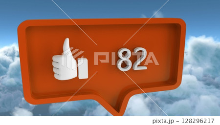Social media engagement symbolized by thumbs up icon with 82 likes floating in clouds Social media engagement symbolized by thumbs up icon with 82 likes floating in clouds 128296217