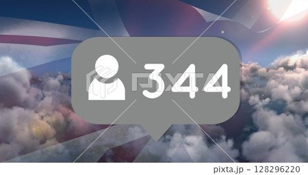 Social media notification icon with 344 followers over cloudy sky background Social media notification icon with 344 followers over cloudy sky background 128296220