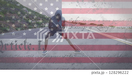 Image of american flag and text moving over man stretching on street Image of american flag and text moving over man stretching on street 128296222