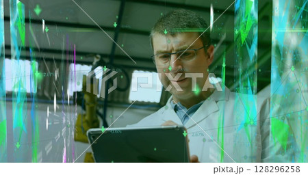 Screens of plexus network against caucasian man using digital tablet at factory 128296258