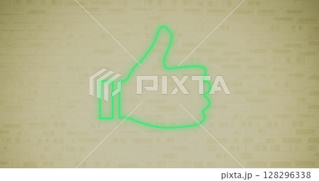 Neon green thumbs up sign glowing against brick wall background Neon green thumbs up sign glowing against brick wall background 128296338