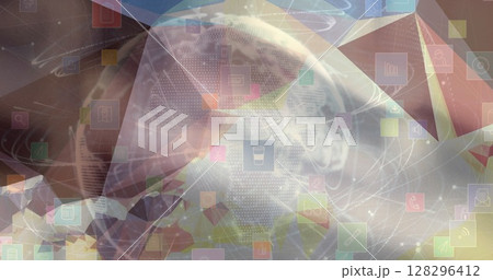 Image of globe with digital icons over blurred background 128296412