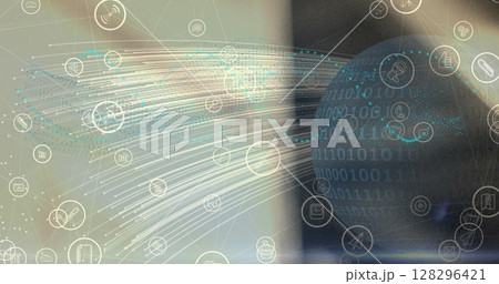Image of globe with digital icons over blurred background Image of globe with digital icons over blurred background 128296421