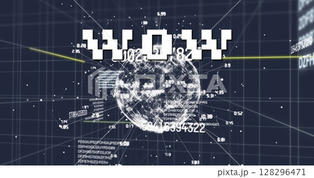 Image of wow text over network of connections and data processing on grid 128296471