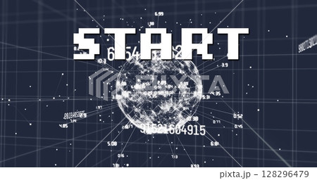 Image of start text over network of connections and data processing on grid Image of start text over network of connections and data processing on grid 128296479
