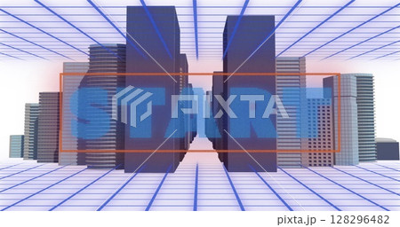 Digital image of start text over grid network against 3d city model on white background 128296482