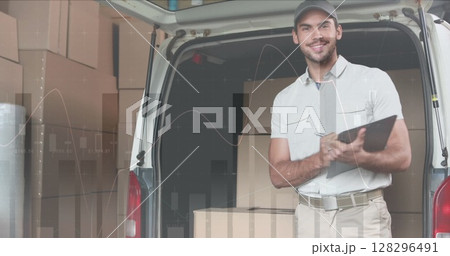 Image of statistics and data processing over delivery man with clipboard by van 128296491