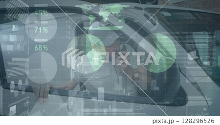 Statistical data processing over caucasian male delivery man talking on a walkie talkie in his van Statistical data processing over caucasian male delivery man talking on a walkie talkie in his van 128296526