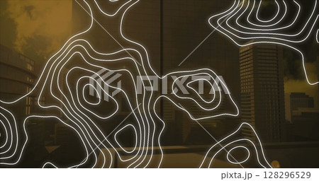 Digital composition of topography floating against tall buildings in background 128296529