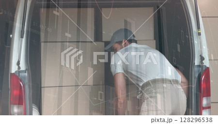 Image of statistics and financial data processing over delivery man and van 128296538