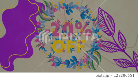 Digital image of 20 percent sale text banner and floral design against grunge grey background Digital image of 20 percent sale text banner and floral design against grunge grey background 128296551