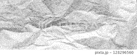 Black stippled crumpled paper texture. Rough dotted wrinkled effect background. Gritty creased paper sheet backdrop. Aged damaged gritty overlay. Noisy grainy notebook page wallpaper. Vector 128296560