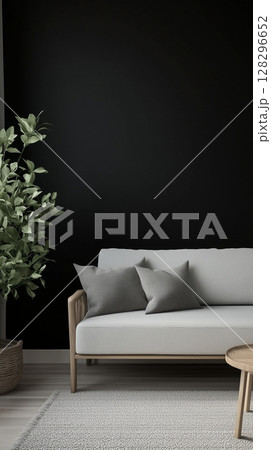 Black wall with shadow sun bright, grey sofa and plant for modern living room Black wall with shadow sun bright, grey sofa and plant for modern living room 128296652