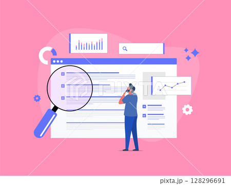 Search engine optimization process with serp analysis and seo ranking. User behavior tracking and search audit interface in flat design. Digital strategy tools. Vector illustration Search engine optimization process with serp analysis and seo ranking. User behavior tracking and search audit interface in flat design. Digital strategy tools. Vector illustration 128296691