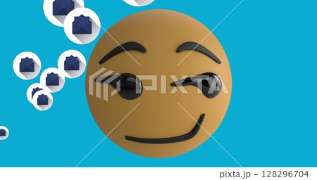 Image of smiling emoji icon with email icons on blue background 128296704
