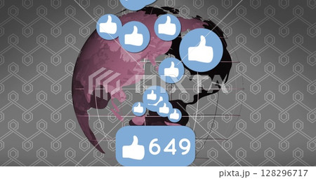 Digital image of a rotating globe with a chat bubble of a followers icon counting up 128296717