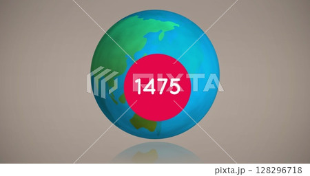 Digital image of a rotating globe with a chat bubble of a followers icon counting up 128296718