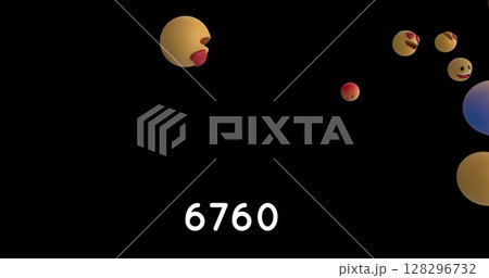 Increasing numbers on round red banner over multiple face emojis floating against black background 128296732