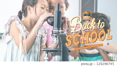Image of back to school text over schoolchildren using microscope 128296745