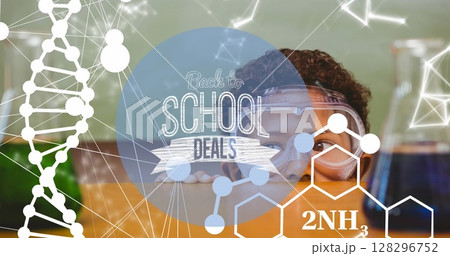 Image of back to school deals text and molecules over schoolboy and beakers 128296752