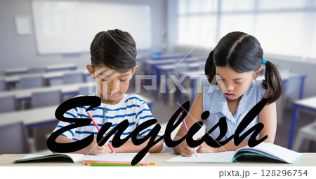 Image of english text and schoolchildren over empty classroom Image of english text and schoolchildren over empty classroom 128296754