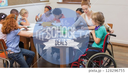 Image of back to school deals text over teacher and class Image of back to school deals text over teacher and class 128296755