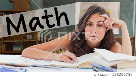 Image of math text and student learning over empty classroom Image of math text and student learning over empty classroom 128296756