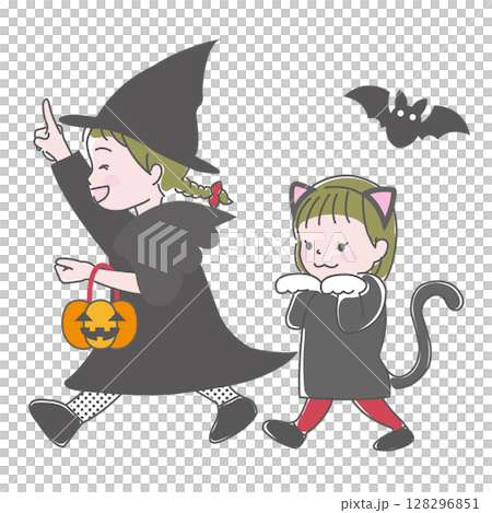 A girl dressed up as a witch and a black cat for Halloween A girl dressed up as a witch and a black cat for Halloween 128296851