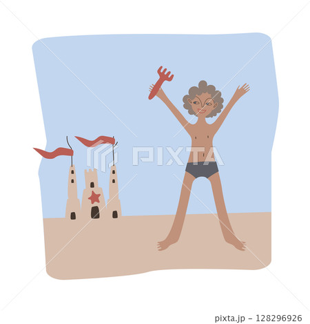 Tanned curly boy enjoying sand castle. Children's game. Square scene. Vector illustration for advertisement, poster, postcard or brochure about tourist complex or resort. 128296926