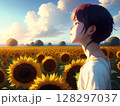 ひまわりを見上げる青年懐かしい夏 128297037