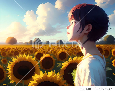 ひまわりを見上げる青年懐かしい夏 128297037