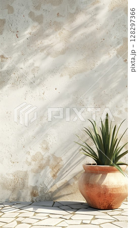 Wall stucco texture with shadow window sun light and clay pot plant decoration 128297366