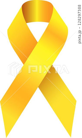 Realistic Awareness Yellow ribbon. Childhood Cancer Awareness Ribbon. Realistic yellow ribbon, childhood cancer awareness symbol. 3d tape EPS 10. Design Template for poster, Website Magazine. Vector 128297388