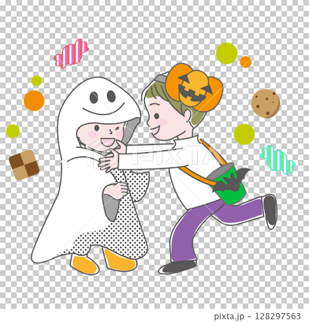 孩子們在萬聖節裝扮成鬼魂和南瓜 128297563